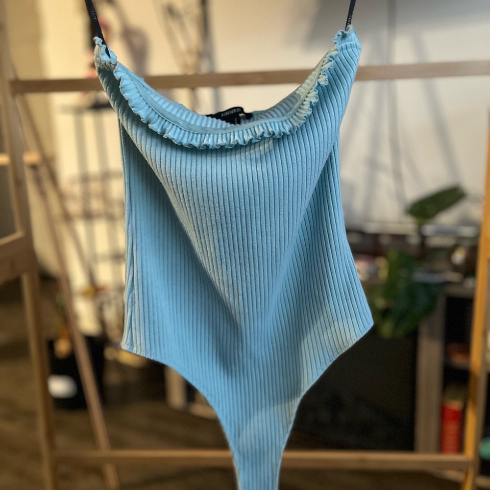 Forever 21 Light Blue Ribbed Top with Ruffle Edge
